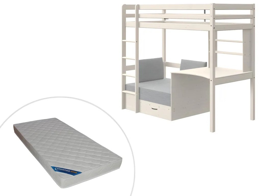Letto a soppalco Scrivania Divano letto Vani 90x200 cm in Abete massello sbiancato+Materasso - GOLIATH II