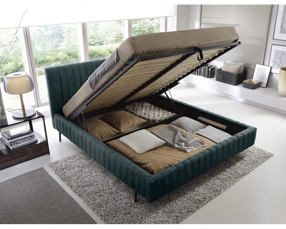 Letto matrimoniale imbottito color petrolio con contenitore e rete inclusi 160x200 cm Plissa – ELTAP