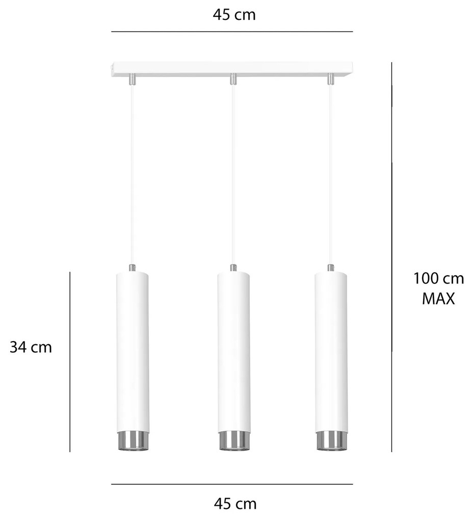 Lampadario 3 Luci Kibo In Acciaio Bianco E Tubolari In Bianco E Cromo