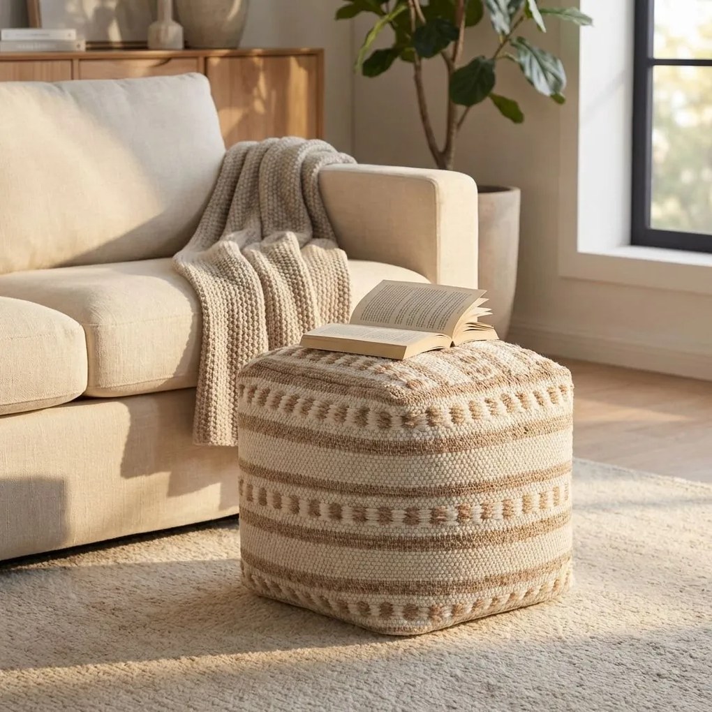 FRIDA - pouf in lana avorio con decoro 40 x 40