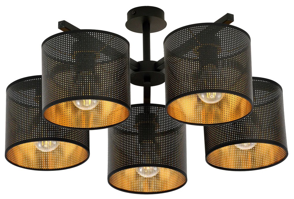 Plafoniera Industrial 5 Luci Cigno In Acciaio Nero E Paralumi A Cilindro Oro