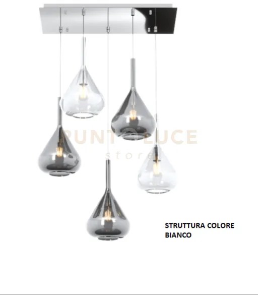 Sospensione bianco 5 luci rettangolare vetri 2x tr + 3x fu 1177bi-s...