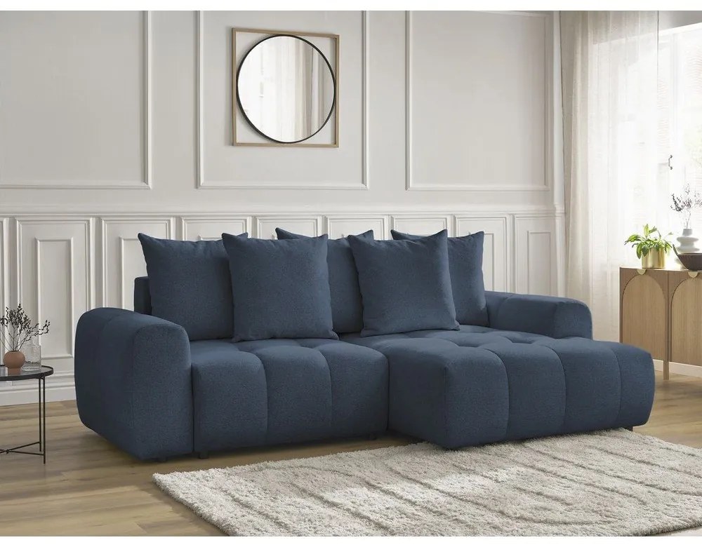 Divano angolare blu allungabile/con contenitore (con penisola a destra/con chaise lounge) con rivestimento in ciniglia Roxelane – Bobochic Paris