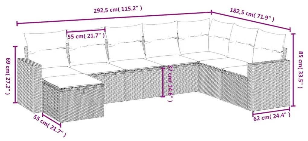 Set divani da giardino con cuscini 8 pz nero in polyrattan