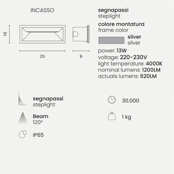 Lampada applique a incasso SHADE 25x9 cm per esterni in alluminio Silver