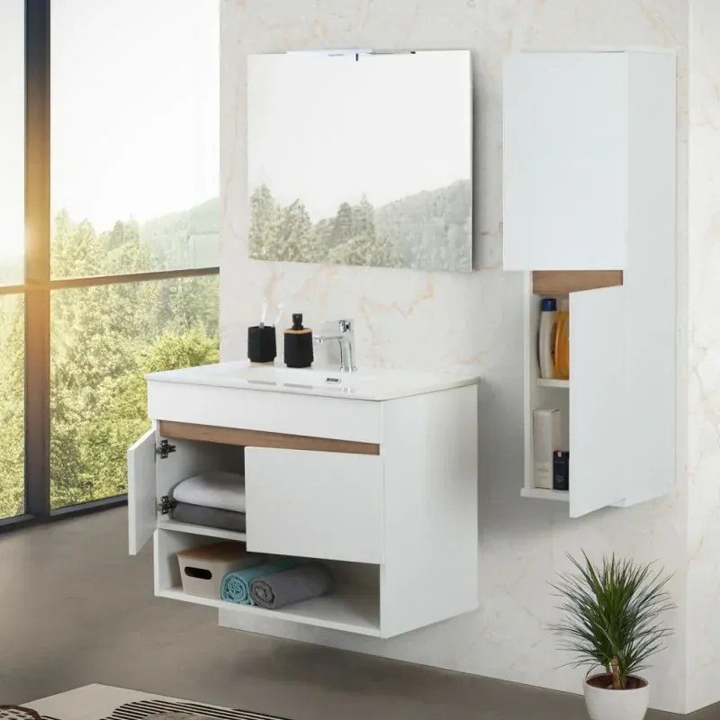Pensile bagno sospeso 112 cm bianco e rovere con ante soft-close Kleo