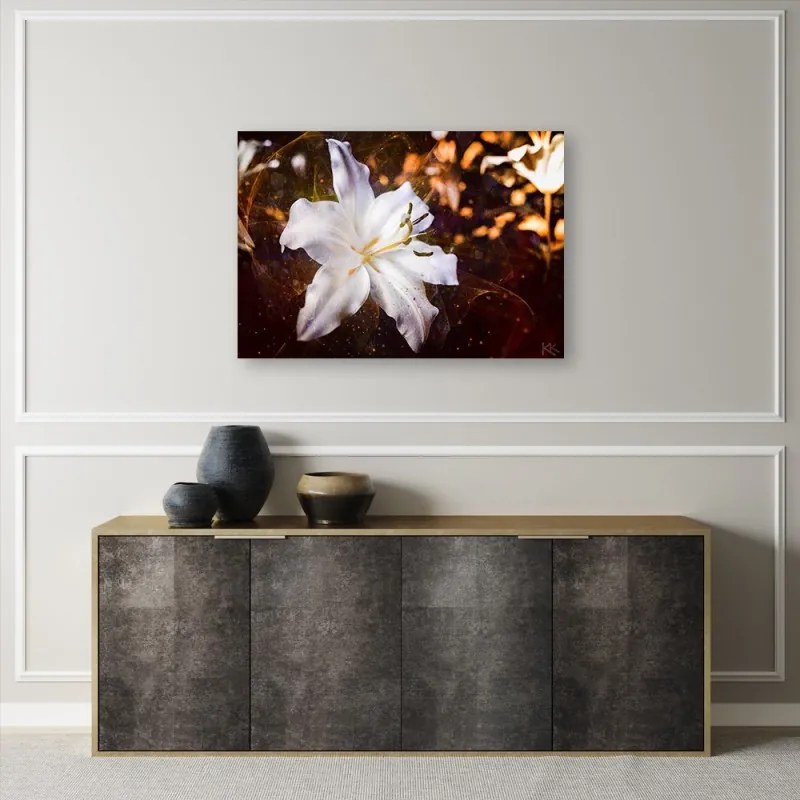 Quadro su tela, Lily bianco su uno sfondo marrone  Dimensioni 60x40