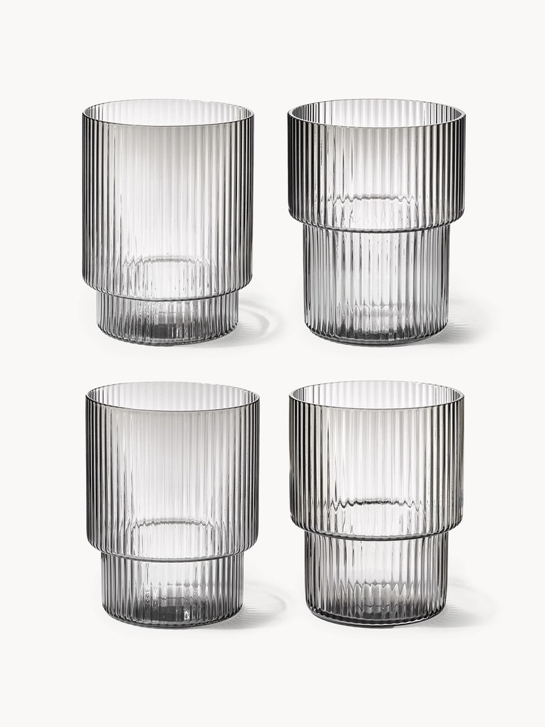 Set di 4 bicchieri per acqua in vetro soffiato con scanalatura in rilievo Ripple, 200 ml