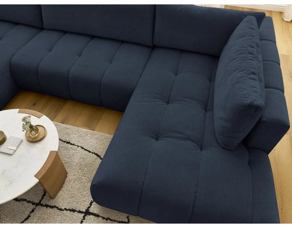 Divano angolare blu scuro allungabile e con contenitore (penisola a destra/a U) con rivestimento in ciniglia Fuji – Bobochic Paris