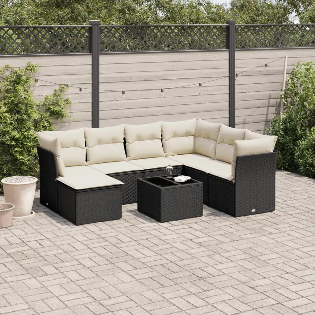 Set divani da giardino con cuscini 8 pz nero in polyrattan