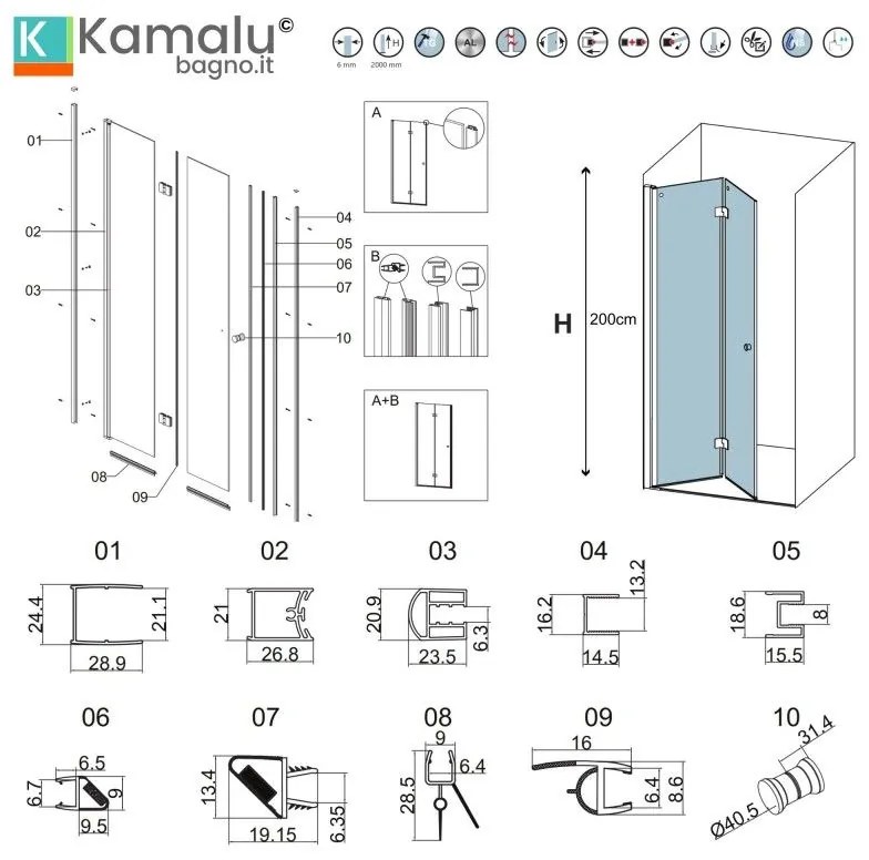 Kamalu - porta doccia a libro 60 cm altezza 200h | kam-ks700