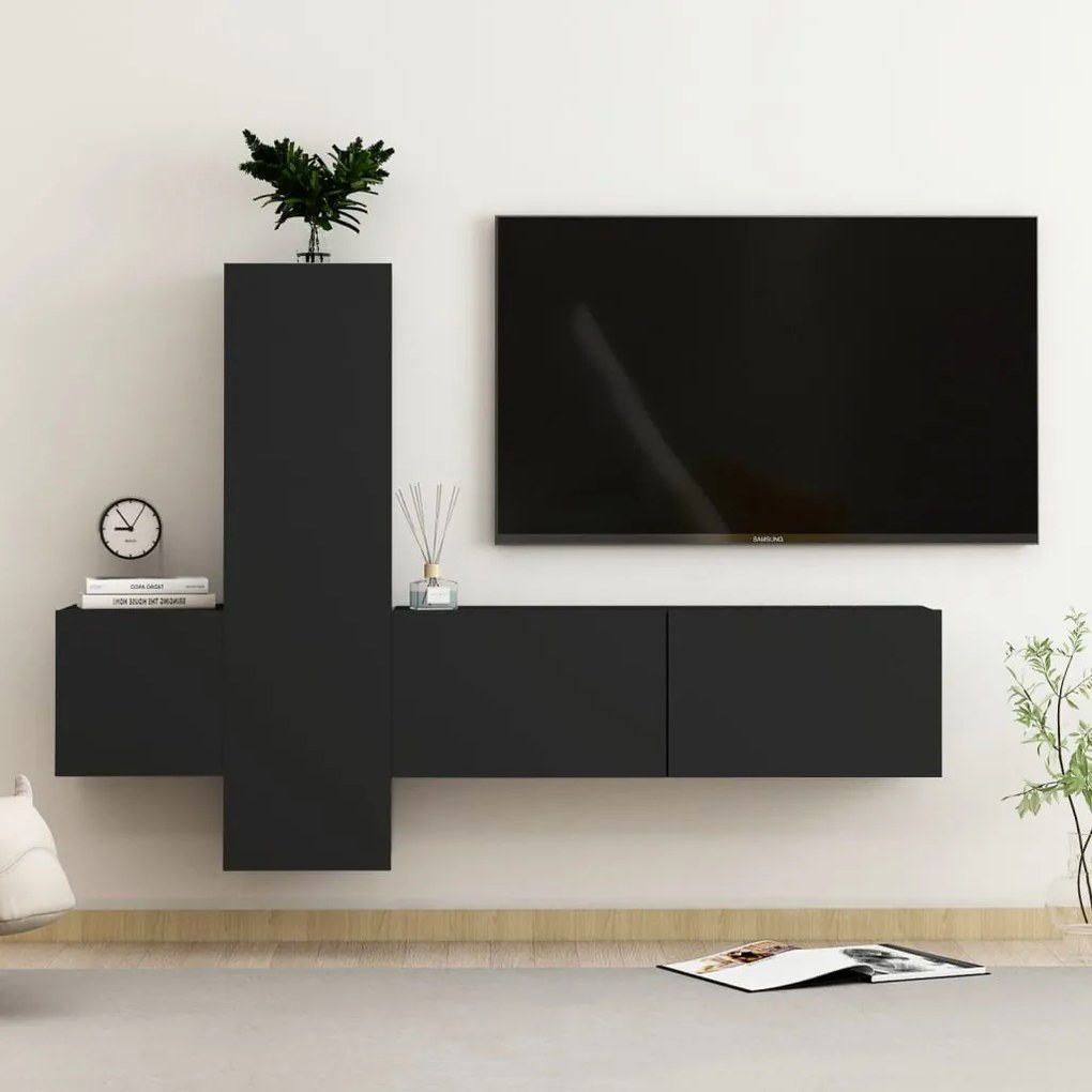 Set di mobili porta tv 3 pz nero in legno multistrato