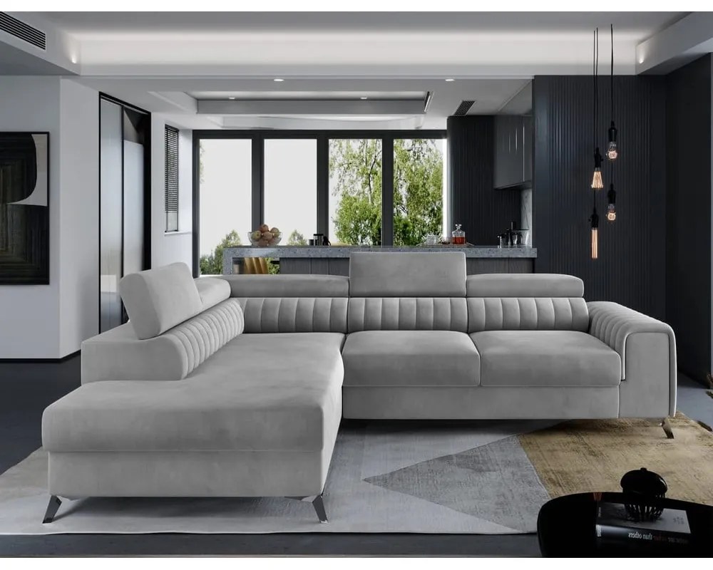 Divano angolare grigio allungabile/con contenitore (con penisola a sinistra/a L) e rivestimento in velluto Laurence – ELTAP