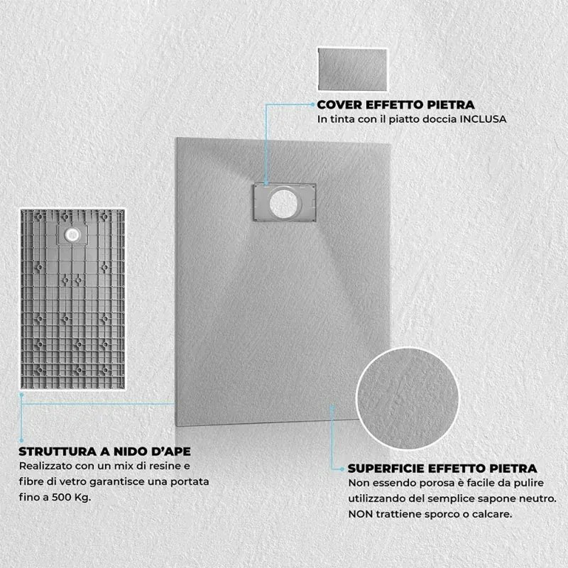 Piatto doccia 70x90 in resina grigio effetto pietra serie Agorà