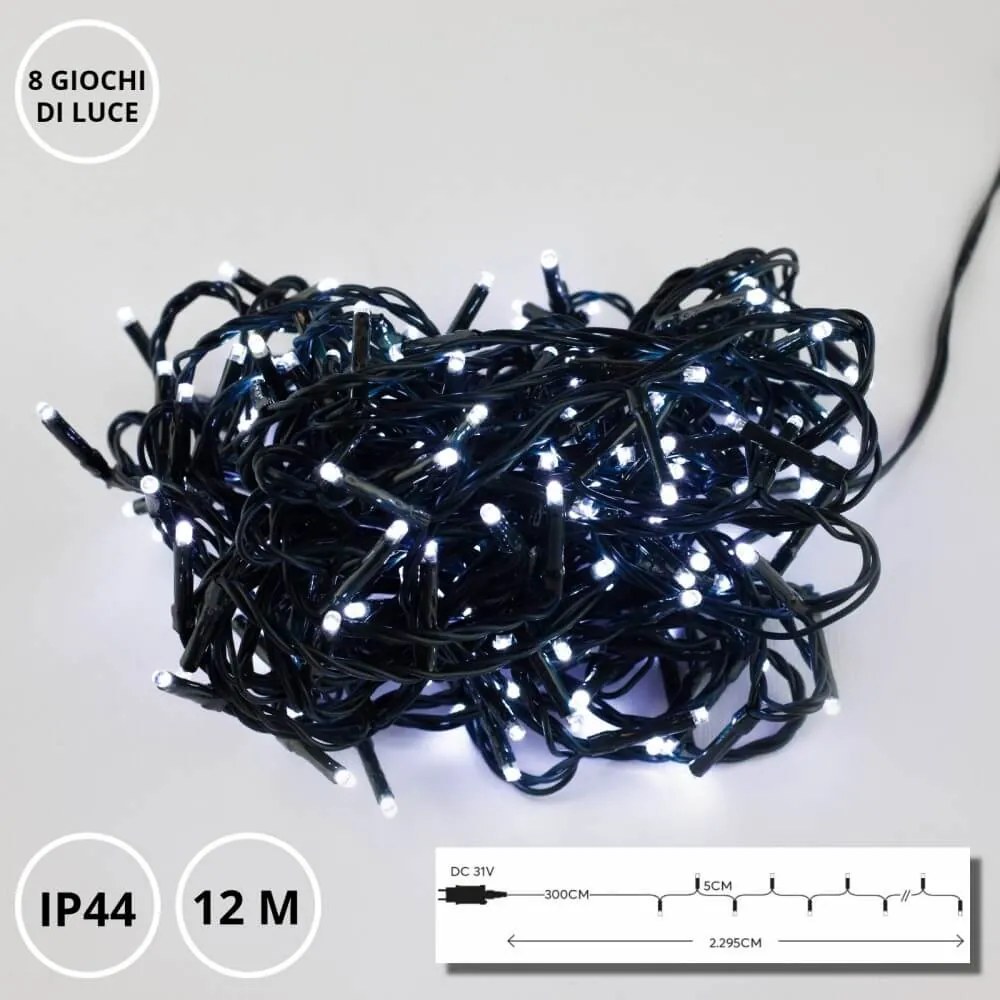 Catenaria Natalizia LED 12m IP44, 8 GIOCHI DI LUCE, Cavo VERDE Colore Bianco Freddo 7500 - 8500 °K