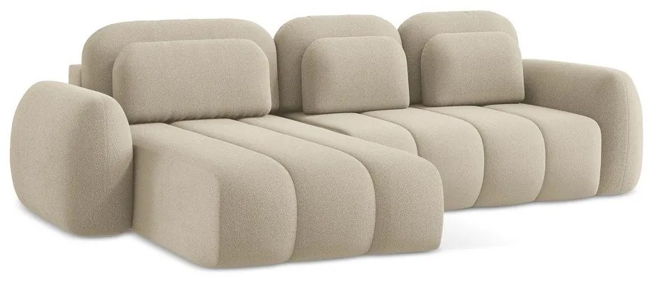 Divano angolare marrone chiaro allungabile/con contenitore (con penisola a sinistra/con chaise lounge) con rivestimento in bouclé Pele – Makamii