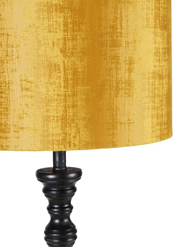 Lampada da terra nera con paralume in tessuto dorato 40 cm - Classico