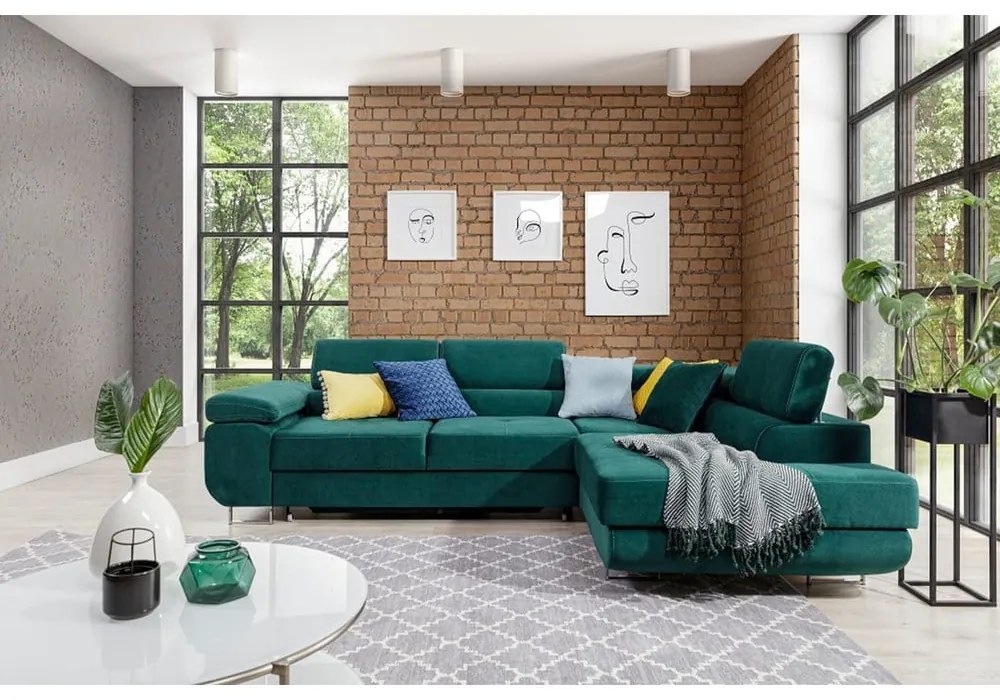 Divano angolare verde allungabile/con contenitore (con penisola a destra/a L) e rivestimento in velluto Anton – ELTAP