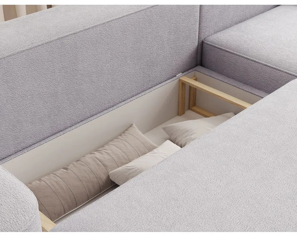 Divano angolare grigio chiaro allungabile/con contenitore (con penisola a destra/con chaise lounge) e rivestimento in ciniglia Aurumm – ELTAP