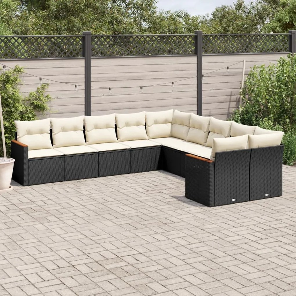 Set Divani da Giardino 10pz con Cuscini in Polyrattan Nero