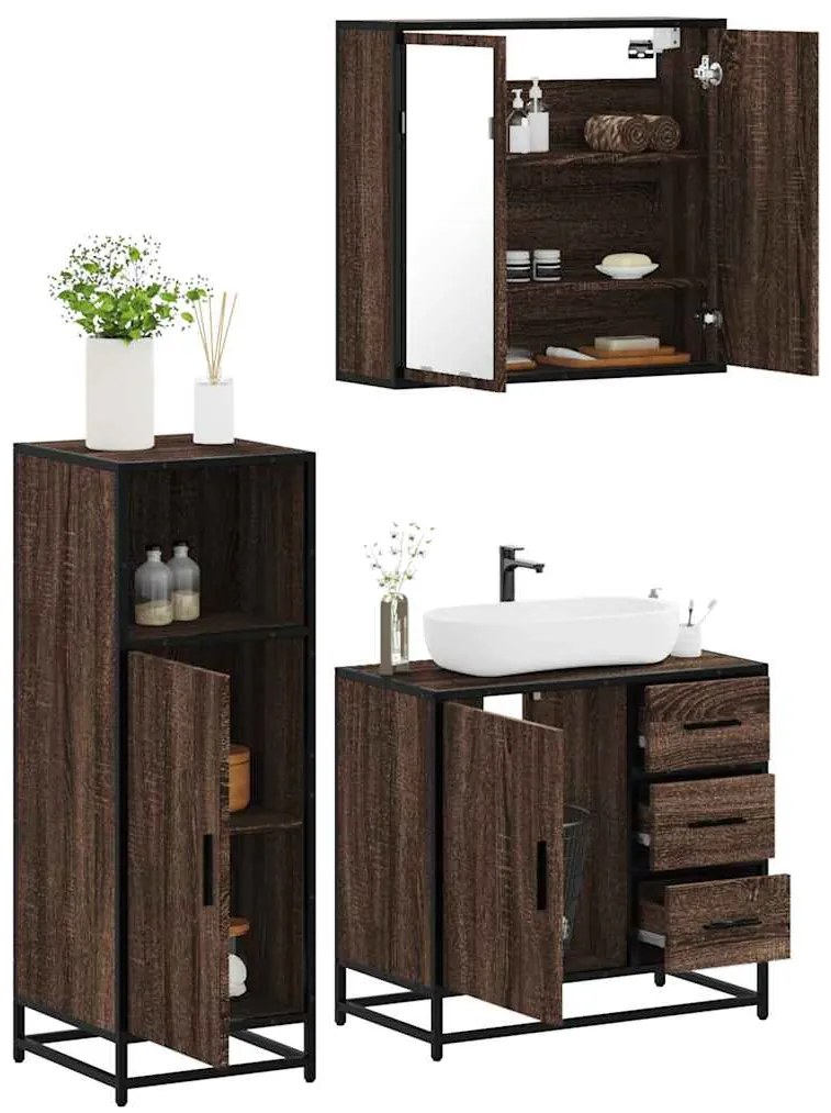 Set Mobili Da Bagno 3 Pz Rovere Marrone İn Legno Multistrato /
