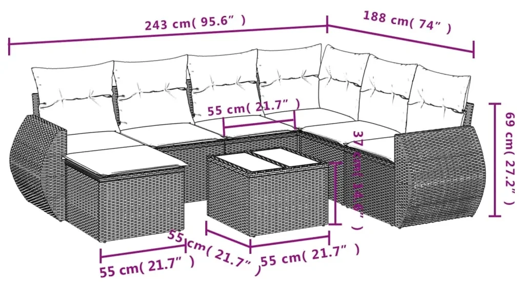 Set divano da giardino 8 pz con cuscini grigio in polyrattan