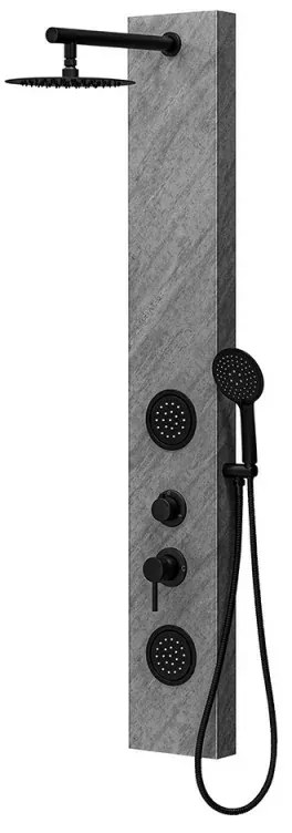 Pannello doccia in acciaio inox effetto pietra con soffione slim nero opaco