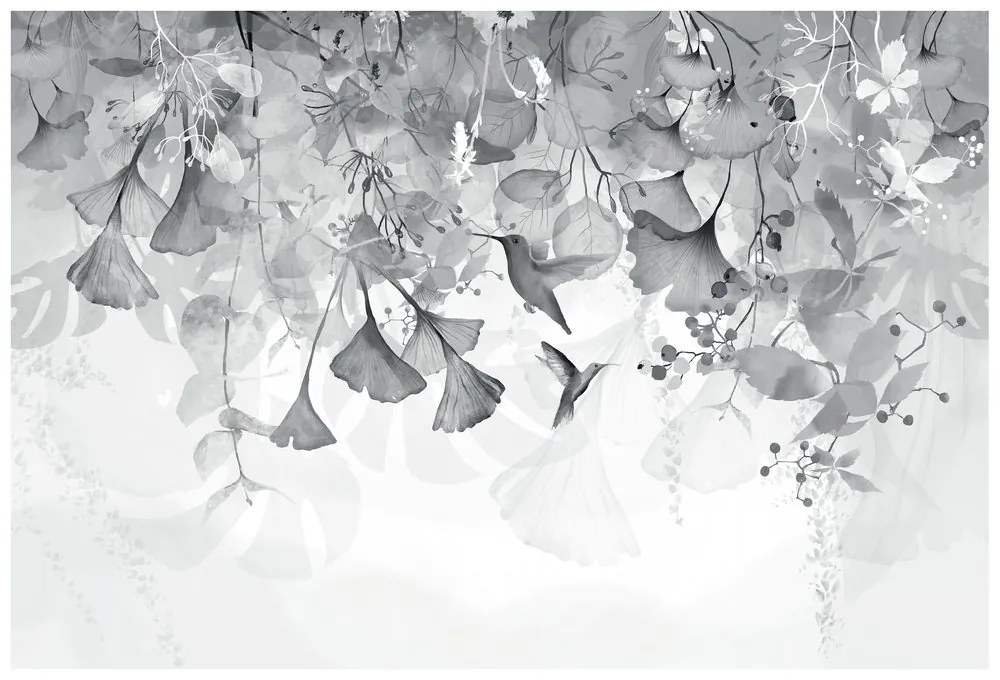 Carta da parati – Foglie con Colibrì in Bianco e Nero