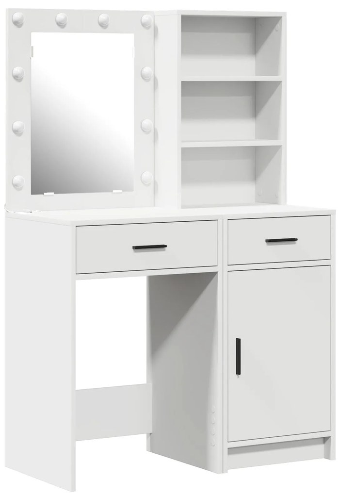 Set da due pezzi per tavolo da trucco con led in legno bianco