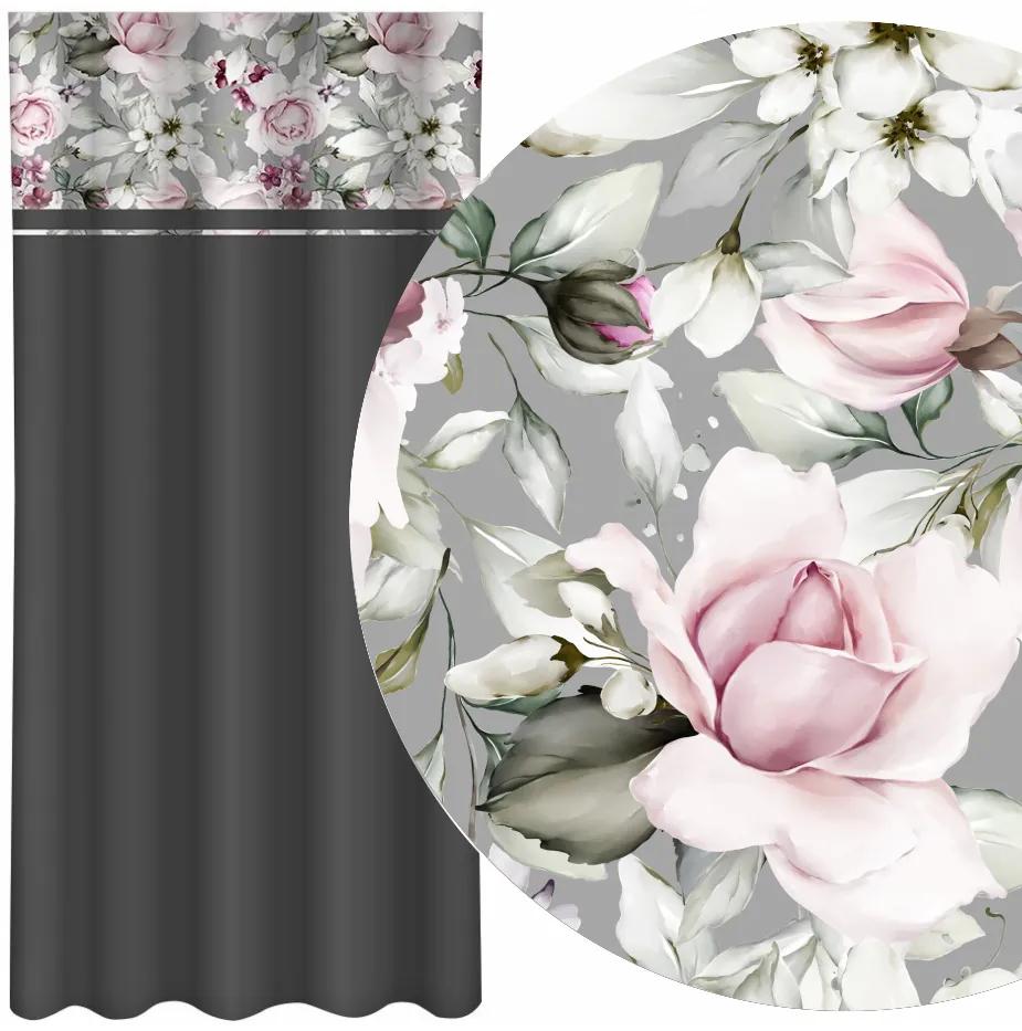 Tenda semplice grigio scuro con stampa di peonie rosa Larghezza: 160 cm | Lunghezza: 270 cm