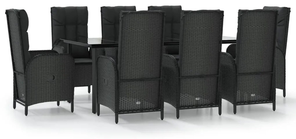 Set da pranzo da giardino 9 pz con cuscini nero in polyrattan