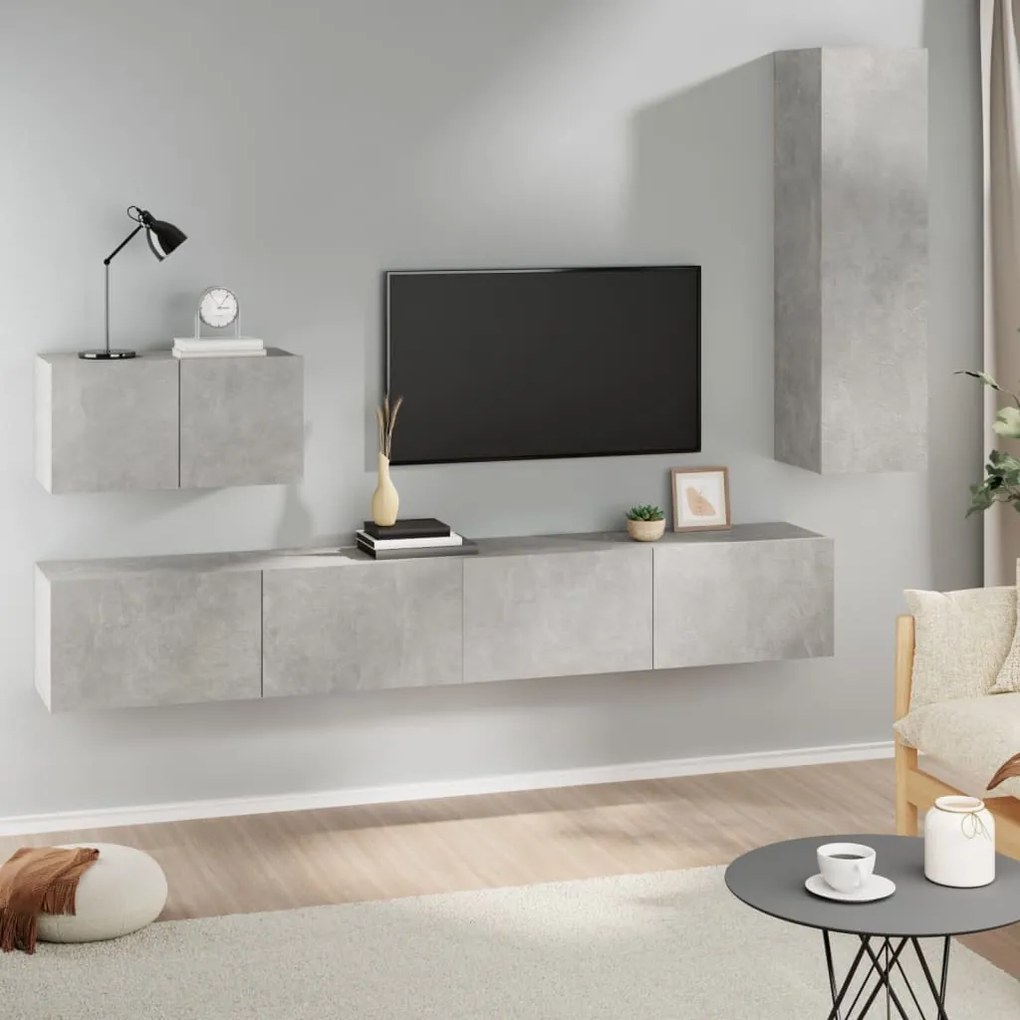 Set Di Mobili Porta Tv 4 Pz Grigio Cemento İn Legno Multistrato /