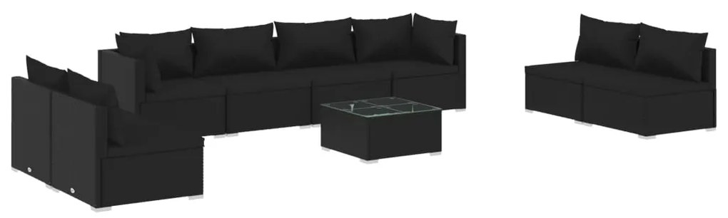 Set Divani da Giardino 9 pz con Cuscini in Polyrattan Nero