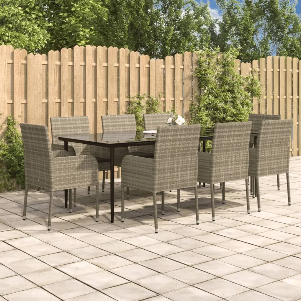 Set da pranzo giardino 9pz con cuscini nero e grigio polyrattan