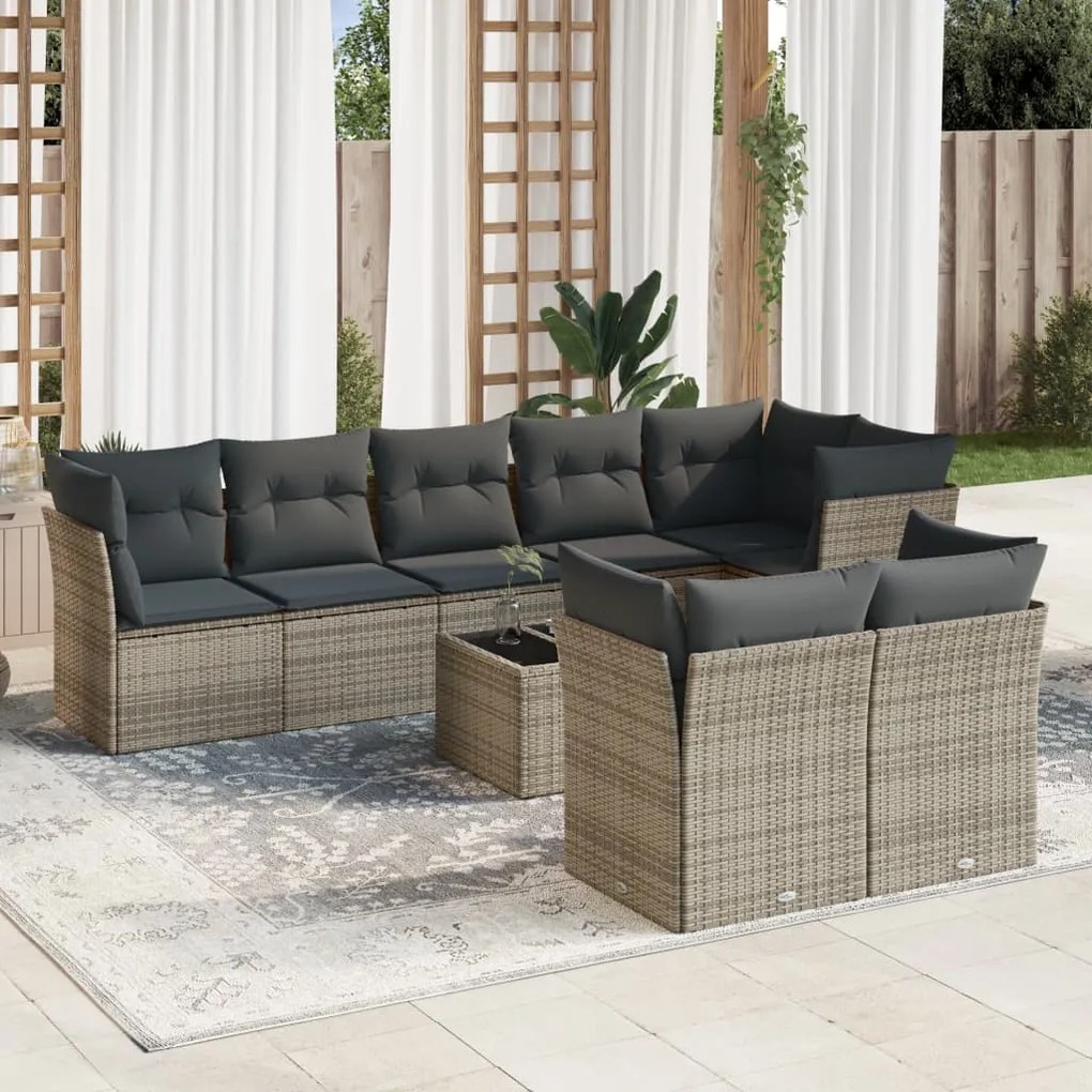 Set divano da giardino 9 pz con cuscini grigio in polyrattan