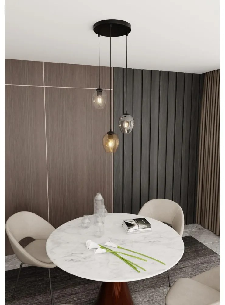 Lampadario a Sospensione in Acciaio e Vetro ISTAR 3 BL PREMIUM 3xE27 Colore delle Sfere Grafite, Trasparente, Ambrata