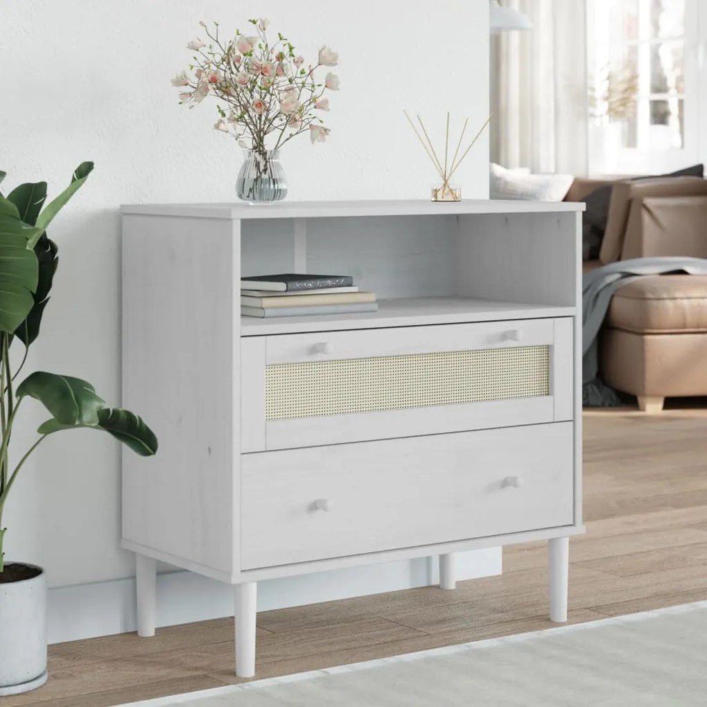 Credenza senja aspetto rattan bianco 80x40x80 cm massello pino