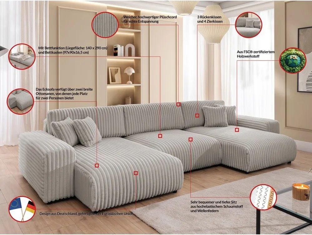 Divano angolare grigio chiaro allungabile/con contenitore (a U) rivestito in velluto a coste Sarina – Ropez