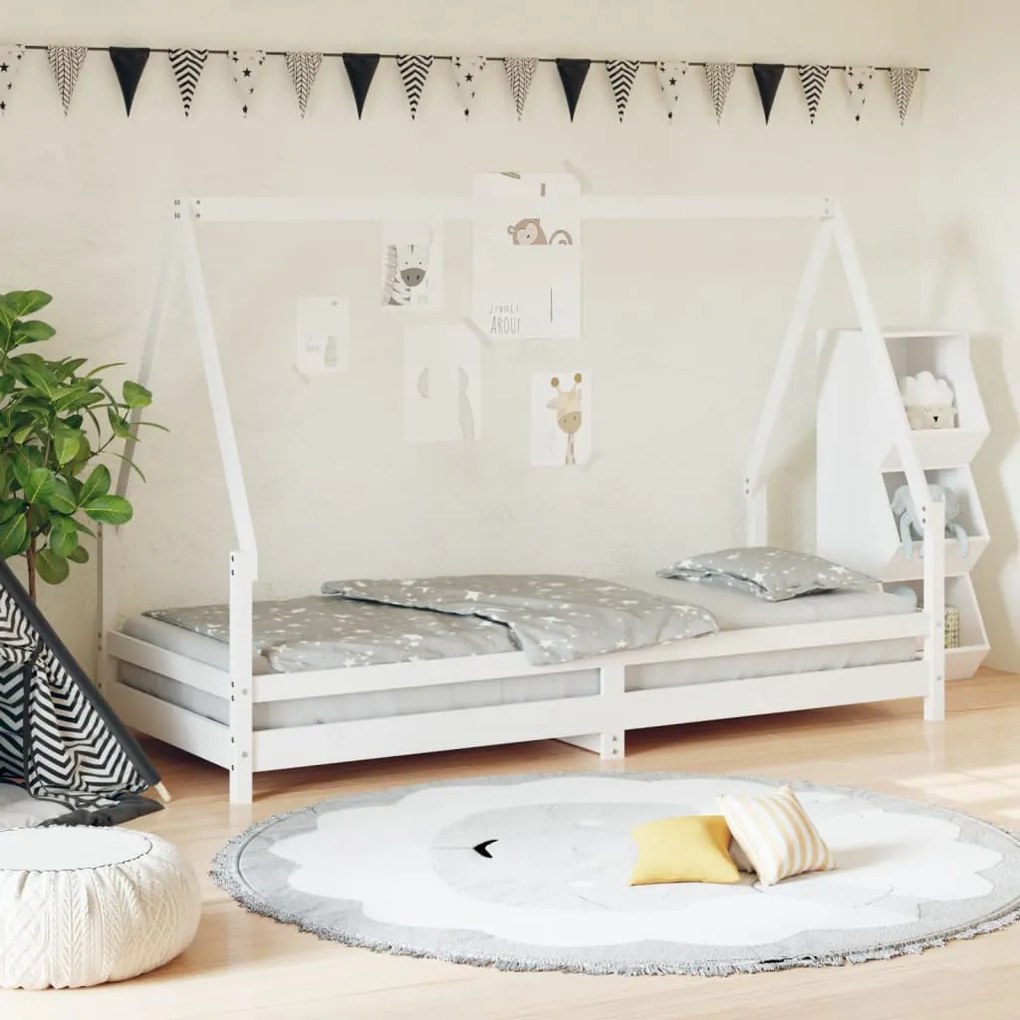 Giroletto Per Bambini Bianco 90x200cm İn Legno Massello Di Pino /