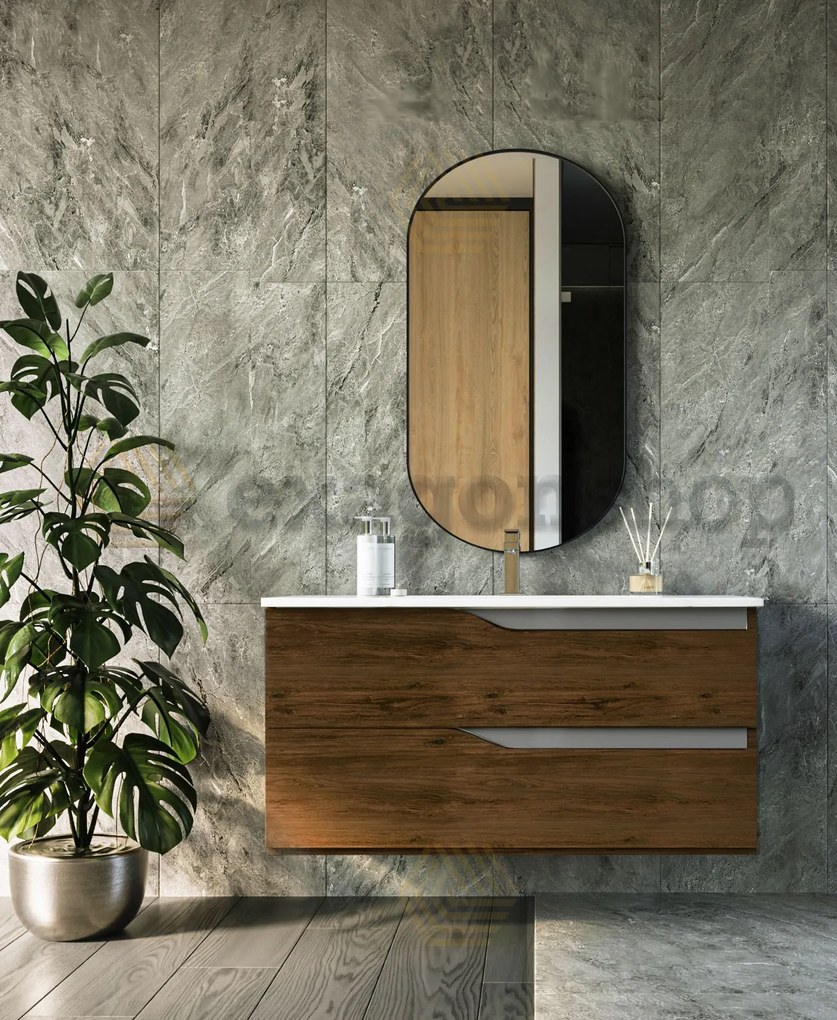 Mobile bagno noce tortora opaco 100x46 Gaia due cassetti con lavabo ad incasso e maniglie sagomate