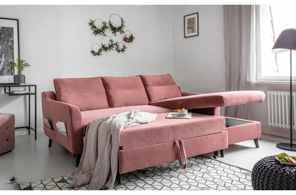 Divano letto angolare in velluto rosa, angolo destro Stylish Stan - Miuform
