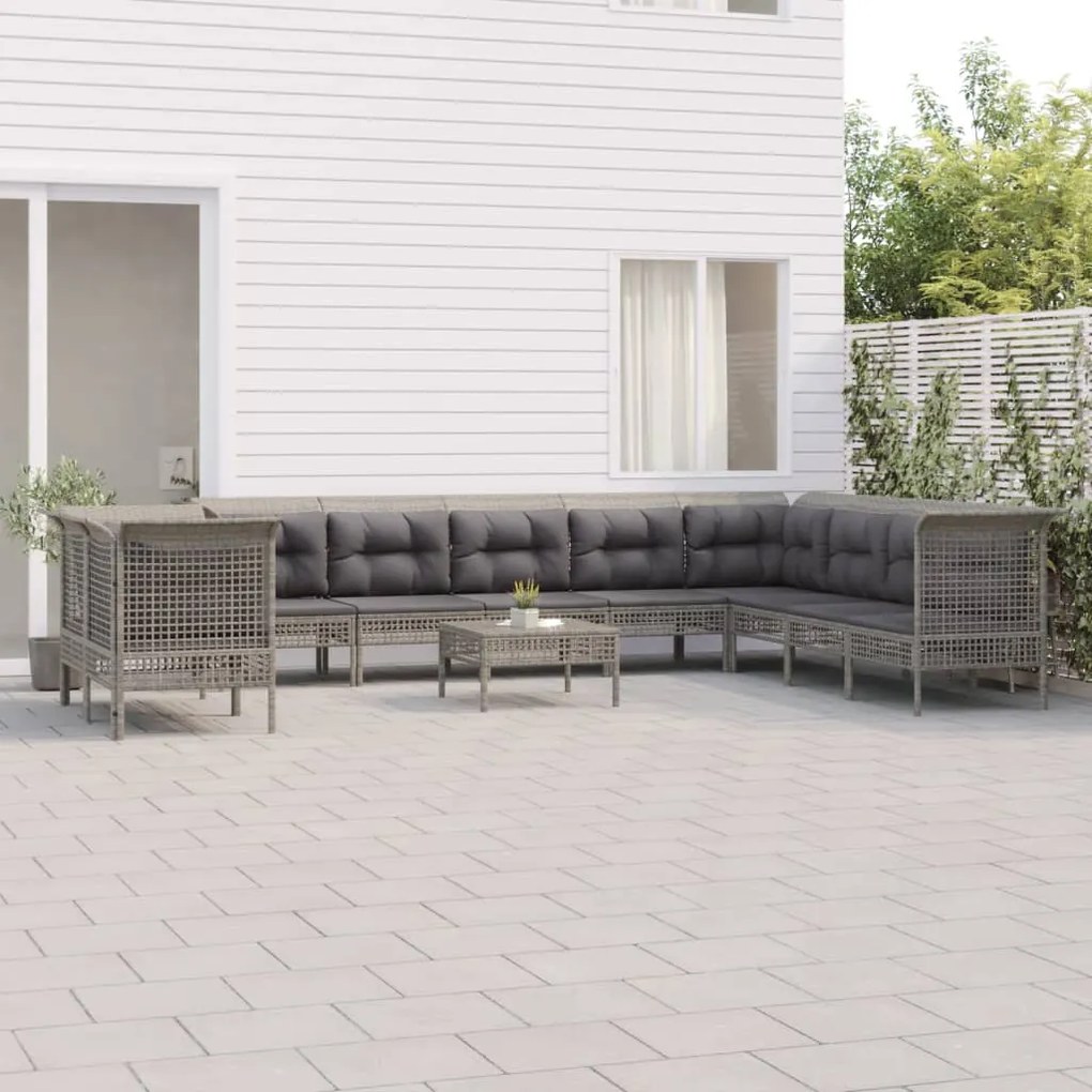 Set divani da giardino 11 pz con cuscini in polyrattan grigio