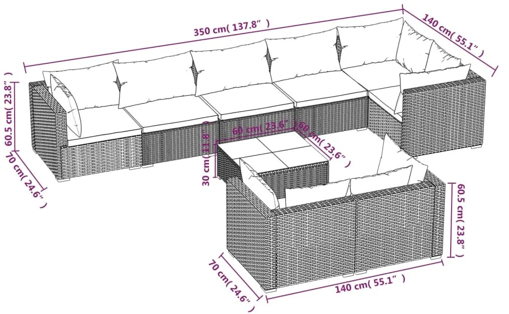 Set Divani da Giardino 9 pz con Cuscini in Polyrattan Marrone