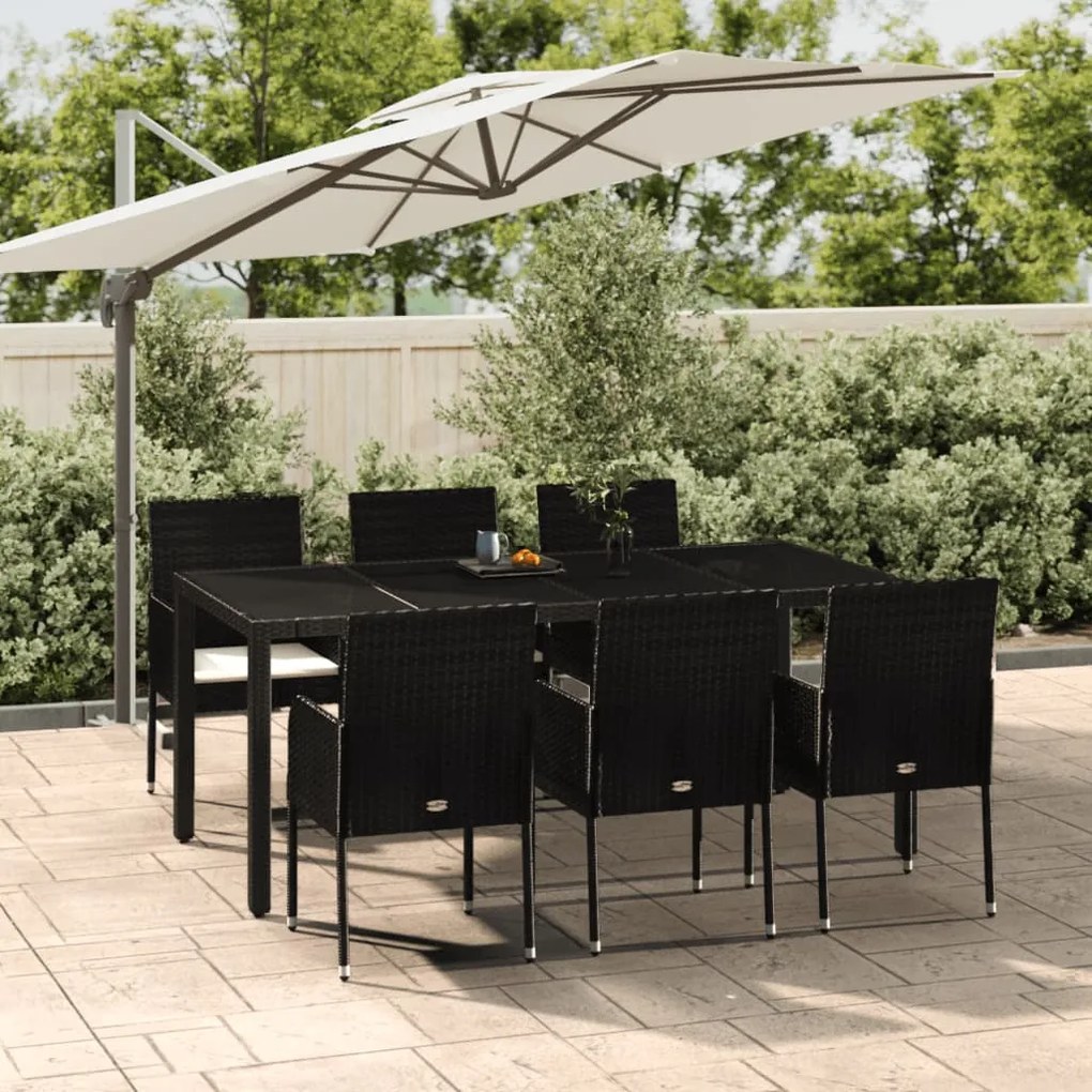 Set da pranzo da giardino 7 pz nero con cuscini in polyrattan