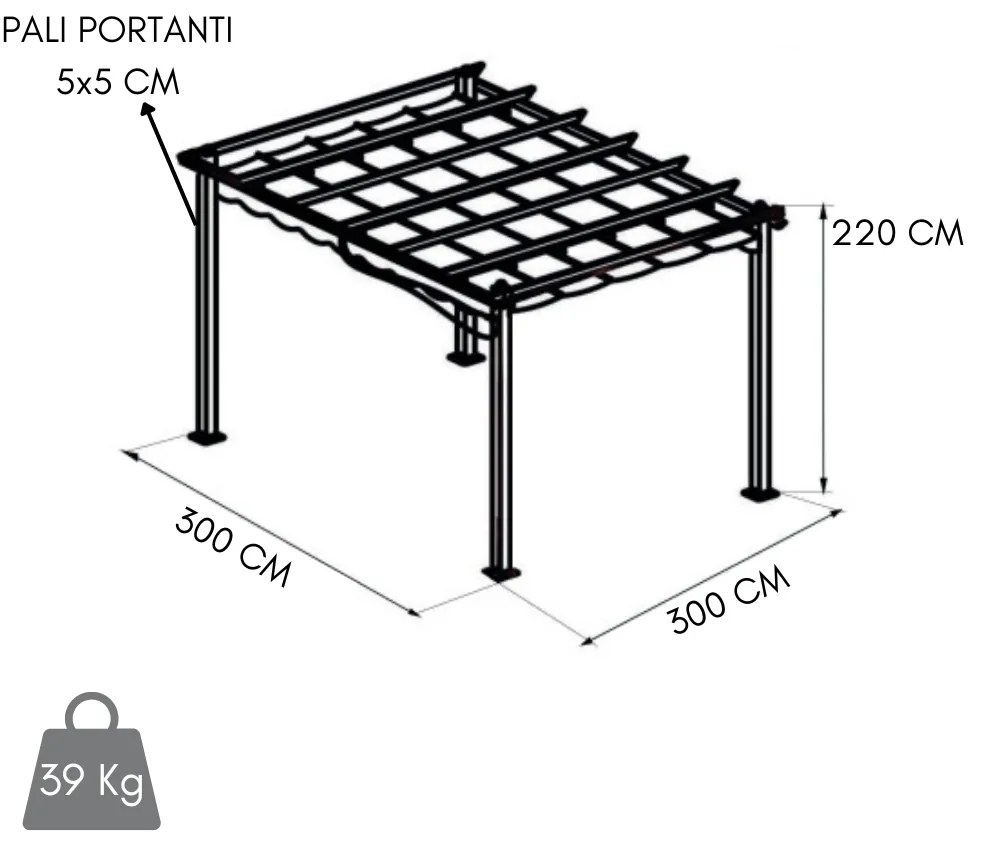 Pergola da Giardino 3x3, Gazebo in Acciaio Verniciato, Top in Poliestere 180 g/mq | 300x300x285h