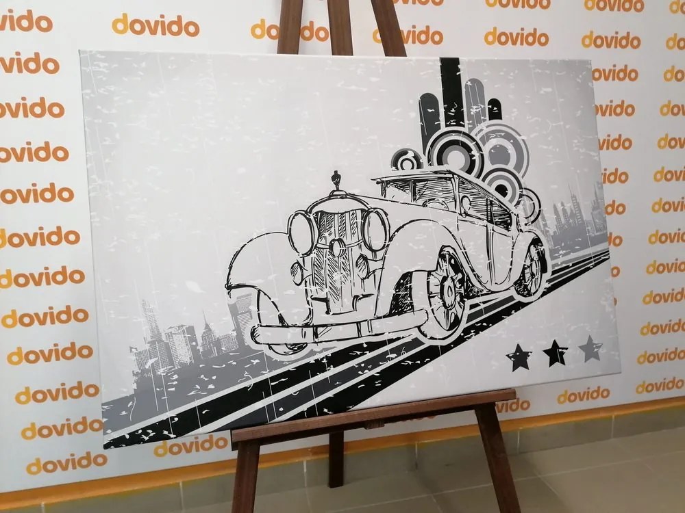 Quadro su tela – Auto in bianco e nero con sfondo vintage