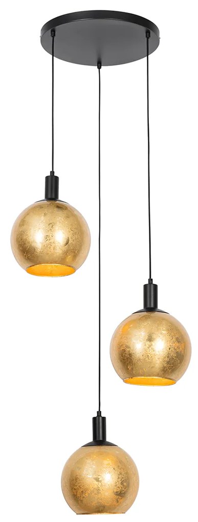 Lampada a sospensione di design nera con vetro oro a 3 luci - Bert