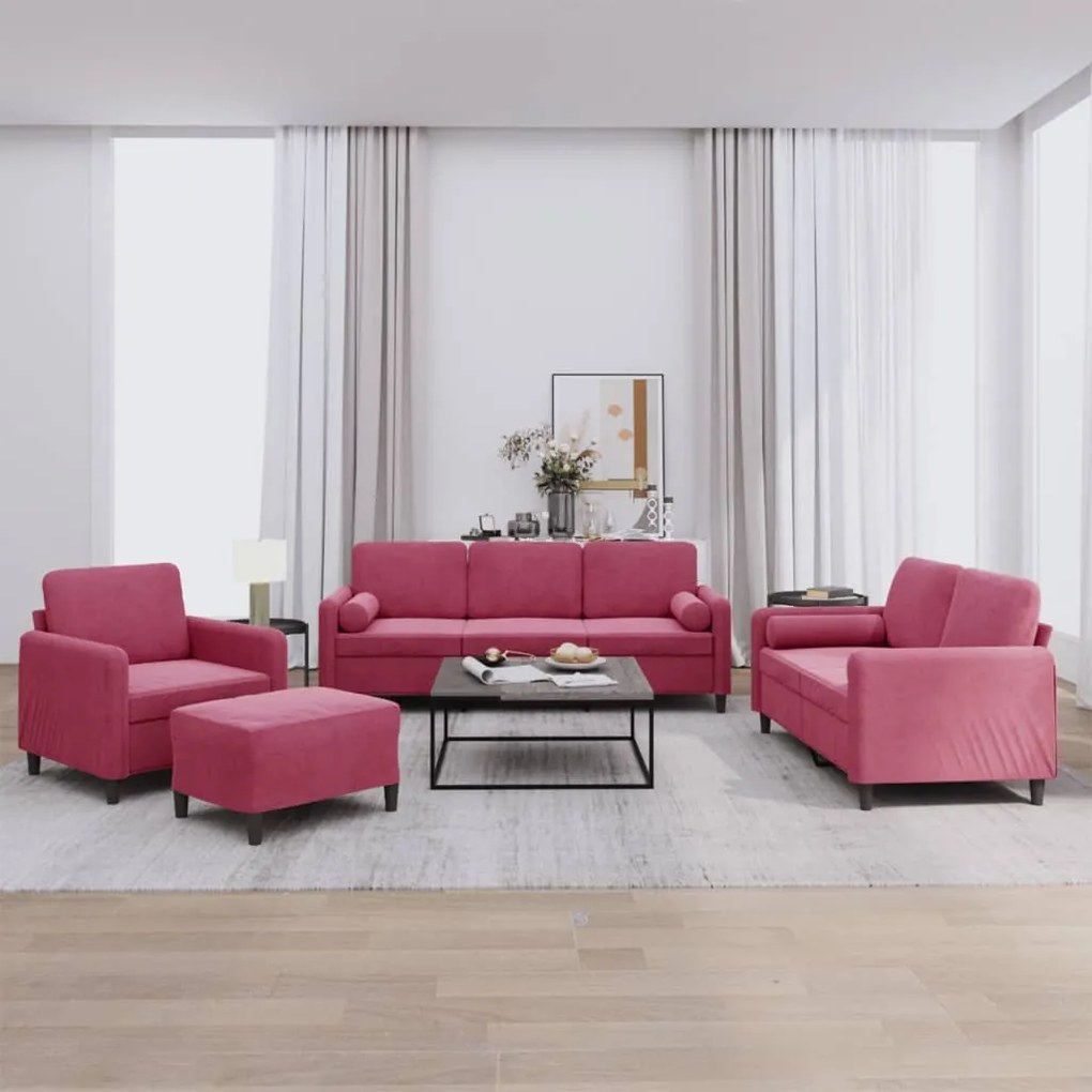 Set Di Divani 4 Pz Con Cuscini Rosso Vino İn Velluto /