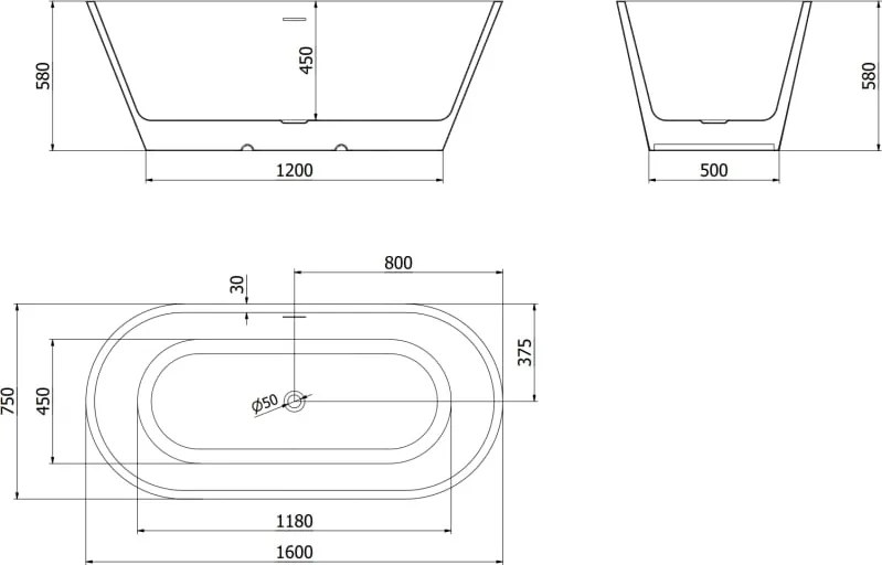 Mexen Luna vasca da bagno freestanding 160 x 75 cm, bianca, troppopieno rame spazzolato - 52031607500-65