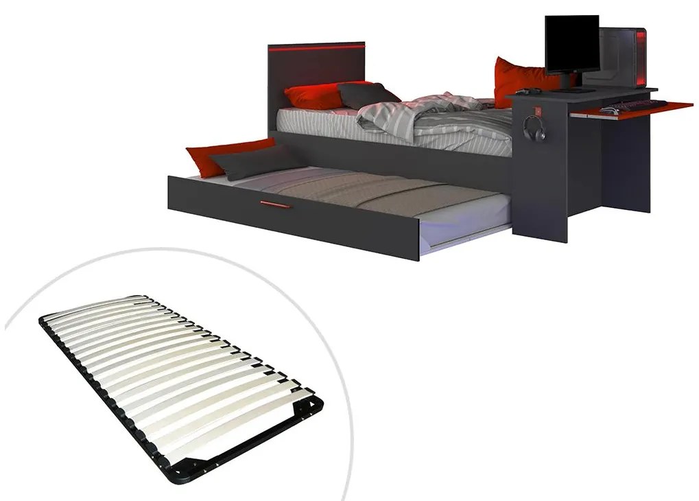 Letto a scomparsa gamer 2 x 90 x 200 Con scrivania LED Antracite e Rosso + Rete - VOUANI